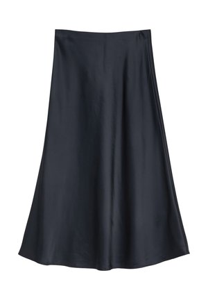 Black satin midi skirt with high waist and A-line silhouette, smooth texture and subtle sheen.