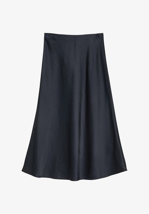 Black satin midi skirt with high waist and A-line silhouette, smooth texture and subtle sheen.