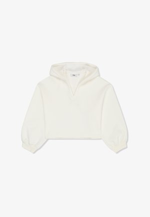 Biała krótka bluza z kapturem o głębokim dekolcie w kształcie litery V, długimi bufiastymi rękawami z dopasowanymi mankietami oraz subtelnym haftowanym logo FILA na piersi.