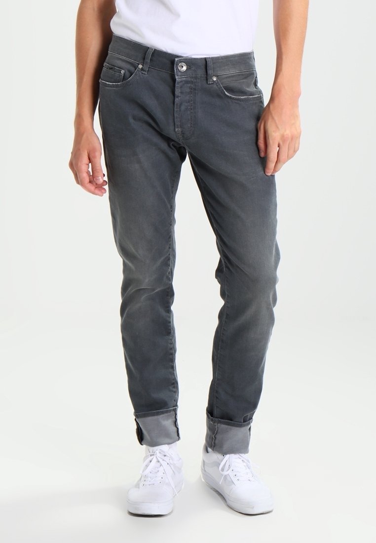 Jeans de algodón gris con mezcla, de corte ajustado, que cuentan con bolsillos frontales, cierre de botón y puños doblados para revelar una tela de contraste.