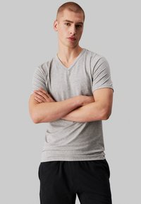 Gray short-sleeve V-neck t-shirt made of soft, textured fabric, paired with black pants. Model poses with arms crossed.