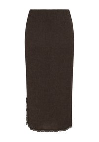 Jupe crayon marron foncé, longueur genoux, avec une texture subtile et un bord en dentelle festonnée le long de l'ourlet.