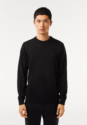 Black sweater made of knit fabric, featuring a crew neck, long sleeves, and a small black logo on the chest. Soft texture, regular fit.