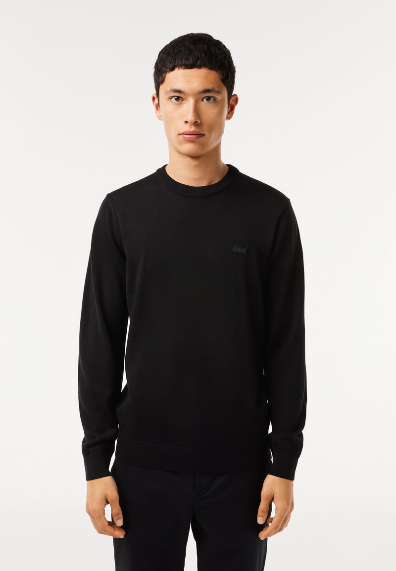 Maglione nero realizzato in tessuto a maglia, con collo rotondo, maniche lunghe e un piccolo logo nero sul petto. Texture morbida, vestibilità regolare.