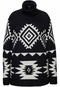 Maglione a collo alto in maglia di un blu scuro, caratterizzato da motivi geometrici bianchi a contrasto, tra cui diamanti e zigzag, con una vestibilità rilassata.