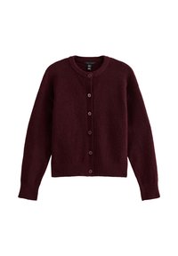 Burgundy stickad cardigan med rund halsringning, långa ärmar och sex matchande knappar fram. Mjuk textur och avslappnad passform.