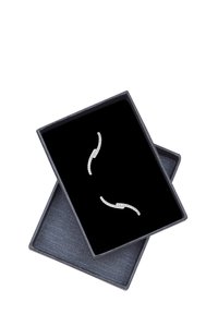 Förpackade silvriga örhängen med en vågig design, med glittrande detaljer på en svart bakgrund inom en texturerad grå box.