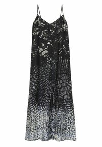 Schwarzes Kleid mit dünnen Trägern, das ein strukturiertes Muster aufweist, das Tierhaut ähnelt, und an dem Saum zu einem helleren Farbton übergeht.