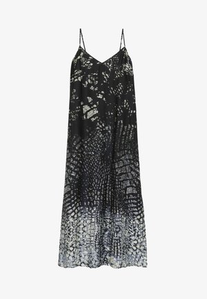 Fekete ruha vékony pántokkal, állati bőrhöz hasonló struktúrájú mintázattal, a szegélyénél világosabb árnyalatra váltva.