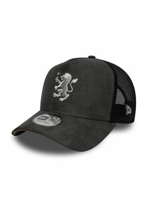 Black baseball cap with mesh back and an embroidered silver lion emblem on the front panel, featuring an adjustable strap.
