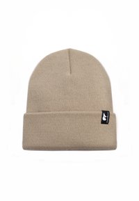 Cappello di lana beige con risvolto e una piccola etichetta nera sul lato. Morbido al tatto e vestibilità aderente, adatto per il clima freddo.