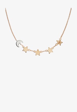 Halskette aus Roségold mit Kettenmuster, die einen silbernen Halbmond und fünf goldene Sterne zeigt, die jeweils eine glatte Oberfläche und unterschiedliche Formen haben.