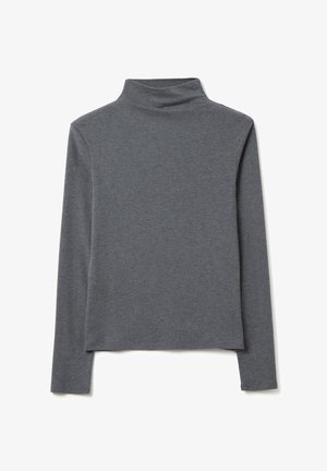 Dunkelgrauer langärmeliger Rollkragenpullover mit einem einfachen, taillierten Design auf weißem Hintergrund.