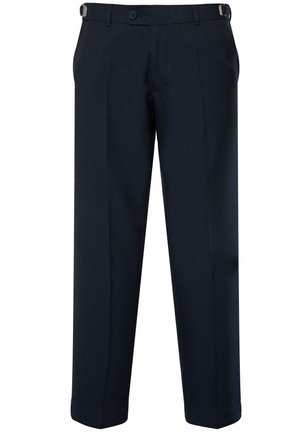 Pantalones oscuros de color azul, ajustados y elaborados con tela suave. Cuentan con cierre de botón, presillas para cinturón y bolsillos frontales. Diseño clásico de pierna recta.