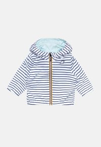 Giacca a zip a righe con cappuccio, caratterizzata da righe blu e bianche, fodera azzurro chiaro e un logo prominente sul petto.