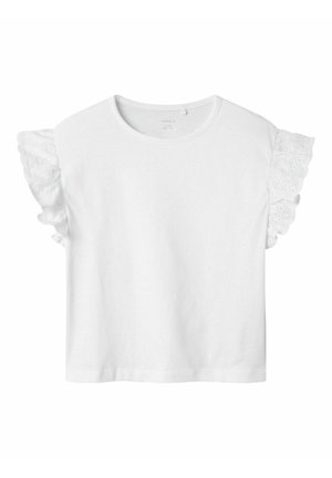 T-shirt blanc à manches courtes avec des manches en dentelle à œillets volantées, décolleté rond et coupe décontractée. Matière en coton doux avec une texture lisse.