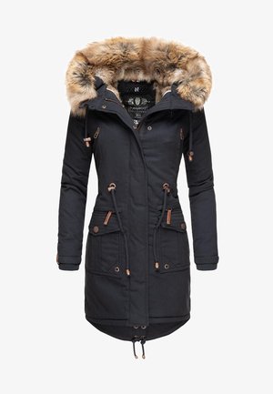 Svart parkas med kunstig pelshette, snor i livet, to frontlommer og glidelås. Har bronsefargede detaljer og ribbede mansjetter.