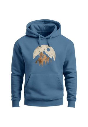 Hooded sweatshirt in blue cotton, featuring a circular graphic with mountains and trees in cream and bronze, front kangaroo pocket.