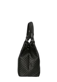 Borsa a mano in pelle intrecciata nera con forma morbida, doppi manici superiori e sottili accenti in metallo. Motivo a griglia testurizzato su tutta la superficie.