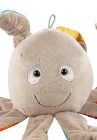 Plüsch-Oktopusspielzeug mit einem runden, beigen Körper, lächelndem Gesicht, schwarzen Augen und bunten Stofftentakeln in Orange und Blau. Strukturierte Arme.