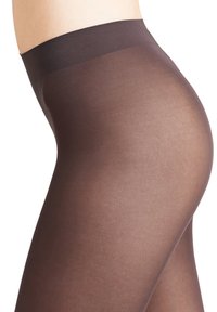 Collant marroni trasparenti con una larga cintura elasticizzata. Texture liscia e finitura semi-trasparente, che mette in risalto la forma della gamba.