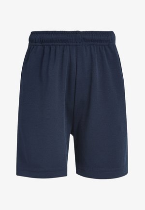 Shorts de sport bleu marine en tissu maillé respirant, dotés d'une taille élastique et d'une coupe décontractée pour le confort et la mobilité.