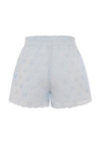 Pantaloni corti di cotone azzurro chiaro con motivi floreali ricamati e orlo scallop. Vita elastica per il comfort.