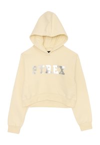 Felpa gialla accorciata con un grande logo argento "PYREX" sulla parte frontale. Tessuto morbido, maniche lunghe e cappuccio con coulisse.