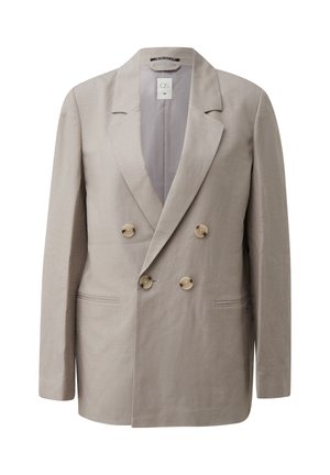 Beżowa dwurzędowa marynarka z klapami z wycięciem, czterema jasnobrązowymi guzikami, dwoma kieszeniami z przodu i długimi rękawami.