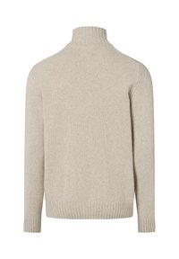 Beige gestrickter Pullover mit hohem Kragen, gerippten Bündchen und Saum. Verfügt über eine weiche Textur und einen lockeren Schnitt, der sich für Freizeitkleidung eignet.