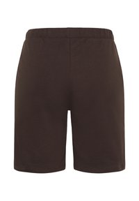 Shorts décontractés marron foncé avec taille élastique et coupe droite, conçus pour le confort et un usage quotidien.