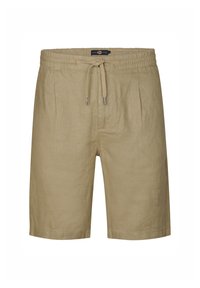 Leinen-Shorts in hellbeige, mit elastischem Bund und Kordelzug sowie vorderen Falten. Glatte Textur und Länge bis zur Mitte des Oberschenkels.