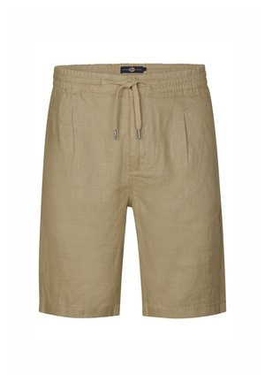 Lnianowe szorty w jasnym beżu, z elastycznym paskiem w talii i sznurkiem do ściągania, oraz z przodu fałdy. Gładka tekstura i długość do połowy uda.