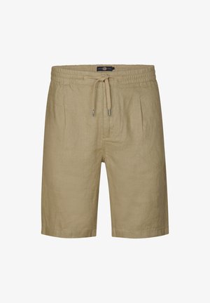 Lnianowe szorty w jasnym beżu, z elastycznym paskiem w talii i sznurkiem do ściągania, oraz z przodu fałdy. Gładka tekstura i długość do połowy uda.