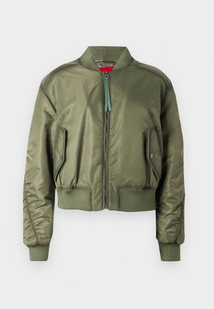 Olive green bomber jacket featuring a zip front, ribbed cuffs and hem, and angled side pockets with snap closure. Smooth, shiny texture.