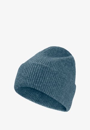 Blue knit beanie hat with a ribbed texture, soft material, and a rolled brim. The design is simple and functional for warmth.