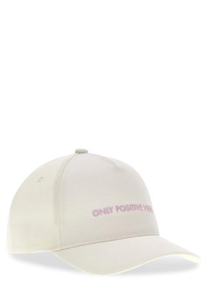 Beige baseballpet met gebogen klep en roze geborduurde tekst 'ONLY POSITIVE VIBES' op het voorpaneel.