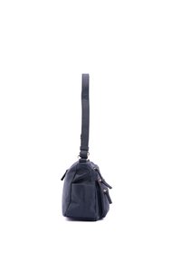 Dark blue leather handbag with a textured surface, a single shoulder strap, and multiple zippered pockets on the front and sides.