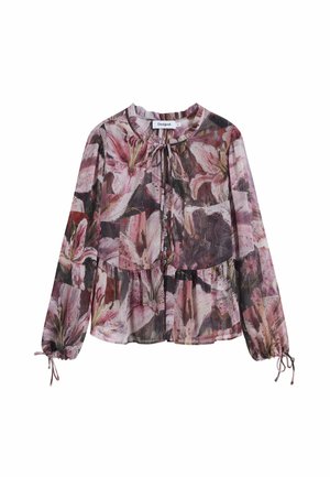 Genomskinlig blus med lång ärm som har ett blommönster i nyanser av rosa och lila, med knappstängning fram och insydda manschetter.
