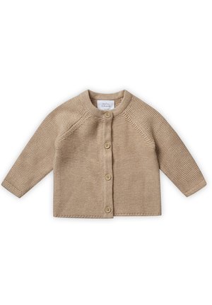 Beżowy dzianinowy sweterek dla niemowląt z długimi rękawami i czterema guzikami z przodu, z okrągłym dekoltem i fakturowanym wzorem ściegu.