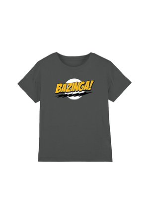 Dark gray short-sleeve T-shirt with yellow "BAZINGA!" text and a white circle with black lightning bolt graphic centered on the chest.