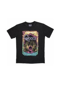 Black t-shirt made of cotton featuring a colorful graphic design of a queen and lion motif with ornate border and text.