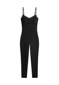 Combinaison noire sans manches avec fines bretelles réglables, corsage ajusté et pantalon droit.