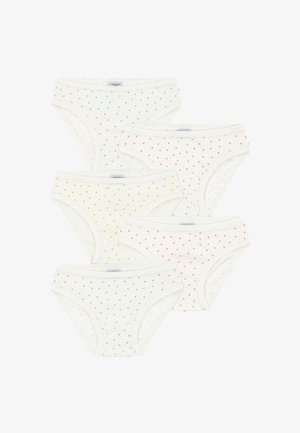 Piecas baltas bērnu biksītes ar nelielu daudzkrāsainu sirsniņu rakstu zaļā, dzeltenā un oranžā krāsā.