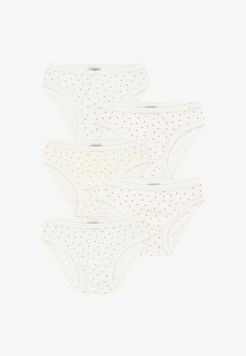 Öt pár fehér gyerekalsónadrág apró, többszínű szívmintákkal zöld, sárga és narancssárga színekben.