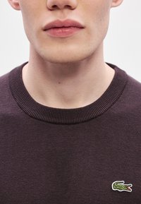 Camisola de malha roxo escuro com gola redonda canelada e um pequeno logotipo de crocodilo verde e branco no lado esquerdo do peito.