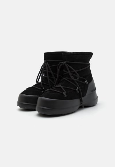 High-top black suede boots featuring a rubber sole, lace-up closure with black cord, and a padded ankle for added support.