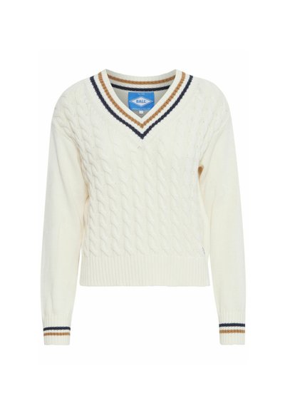 White cable-knit jumper with a V-neck, featuring a ribbed hem and cuffs accented in navy and brown stripes. Textured fabric throughout.