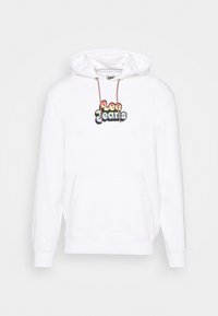 Sudadera blanca con bolsillo frontal tipo pouch y colorido logo de "Lee Jeans" en el pecho, que presenta una capucha con cordones marrones.