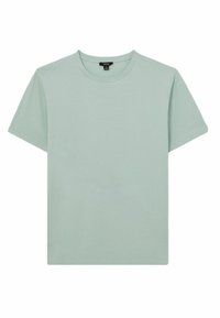 Tricou scurt din bumbac moale, de culoare verde mentă, cu guler rotund și o croială simplă, dreaptă, fără modele sau decorațiuni.